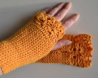 Golden yellow crochet gloves with lace trim F606