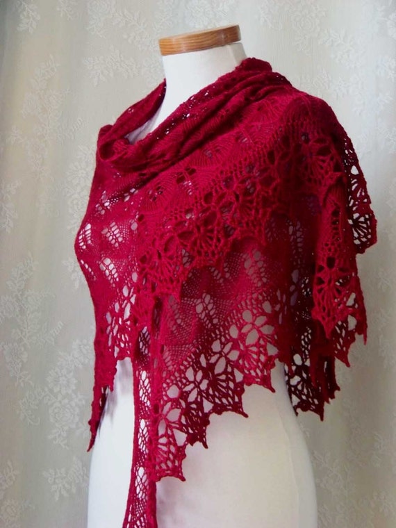 Red wool lace knitted shawl skirt or top with crochet lace