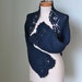 Reserved for Gundega, Navy blue cotton knitted shrug with royal lace crochet borders