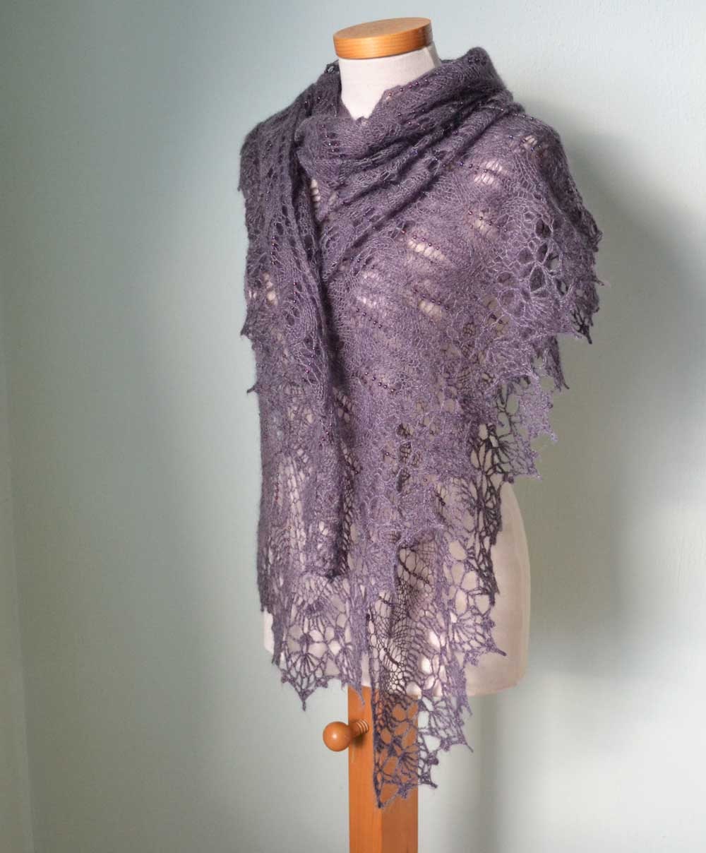 Plum Lace Knitted Shawl With 1200 Glass Beads And Crochet Lace