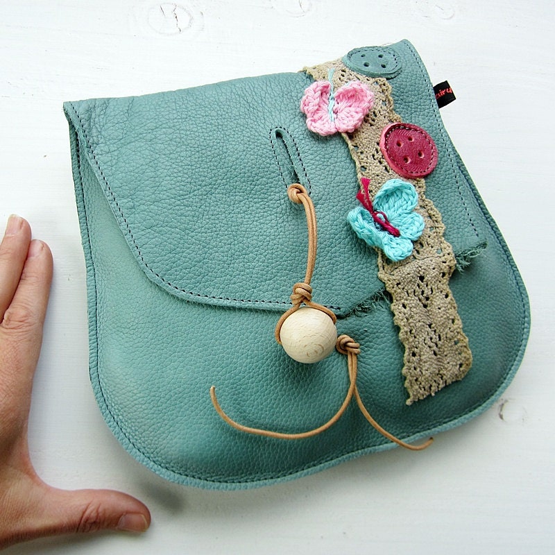 Handmade Leather clutch Purse Bag Jade leather and lace