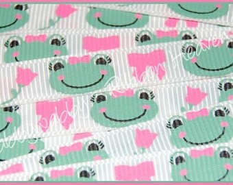 M2MG Bright Tulip Frog 5 Yards 3/8" on white Grosgrain Ribbon - TWRH