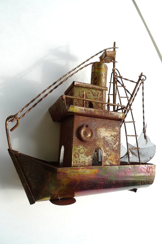 vintage steampunk ship fishing boat metal sculpture