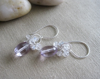 Pink Amethyst Earrings Flashy Rainbow Moonstone Sterling Silver February Birthstone - Pennyroyal