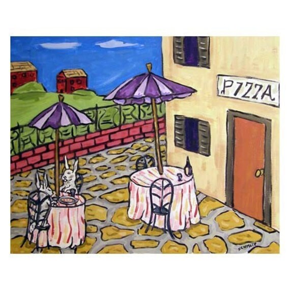 Bunny Rabbits Eating Pizza Animal Art Print