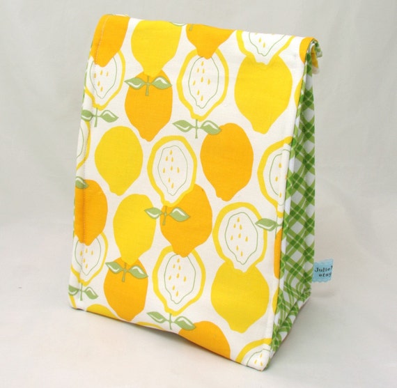 Insulated Lunch Bag Lemon Yellow Green Gingham