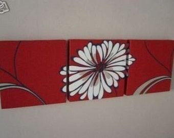 Handmade Set Of 3 Contemporary Modern Designer Retro Print Design Very Funky Red White Large Flower Wall Hanging Canvases Wall Art.