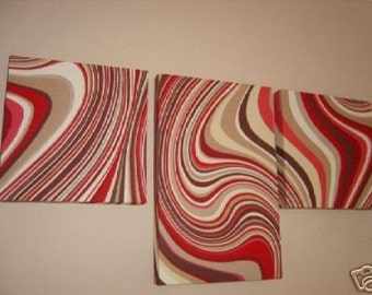 Handmade Set Of 3 Contemporary Modern Designer Retro Print Design Very Funky Red Brown Swirl Wall Hanging Canvases Wall Art.