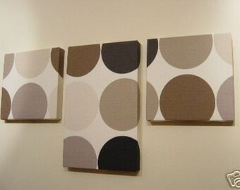 Handmade Set Of 3 Contemporary Modern Designer Retro Print Design Very Funky Brown Cream Spot Wall Hanging Canvases Wall Art.