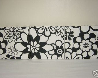 Handmade Set Of 3 Contemporary Modern Designer Retro Print Design Very Funky Black Abstract Flower Wall Hanging Canvases Wall Art.