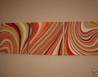 Handmade Set Of 3 Contemporary Modern Designer Retro Print Design Very Funky Mandarin Orange Brown Swirl Wall Hanging Canvases Wall Art.