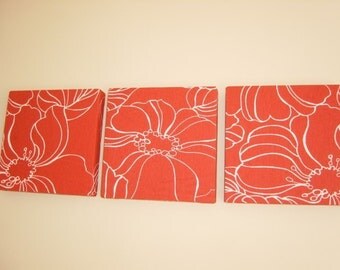 Handmade Set Of 3 Contemporary Modern Designer Retro Print Design Very Funky Red Abstract Wall Hanging Canvases Wall Art.