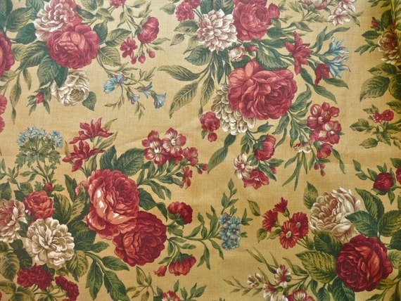 Cotton Fabric in Mustard Yellow with Rust Red and Moss Green
