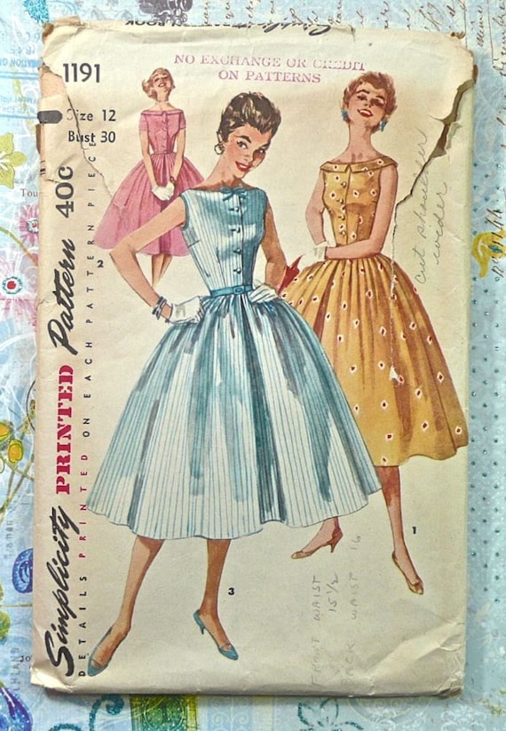 Simplicity 1191 - Vintage 1950s Womens Dress Pattern with  Bateau Neckline, Full Skirt