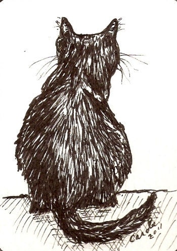 ACEO Original Cat Drawing Cat Back view pen and ink Cat