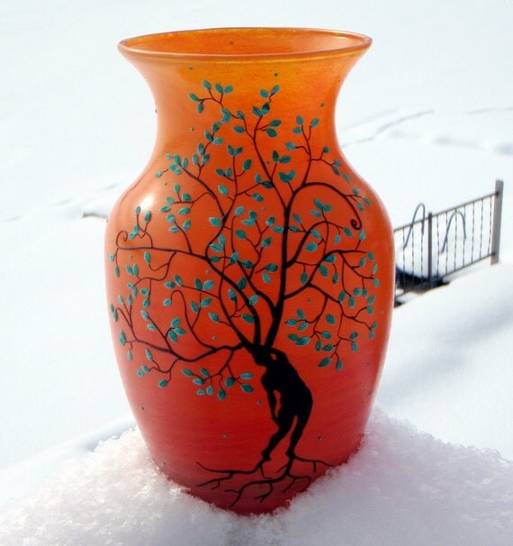Items similar to Burnt Orange Recycled Glass Art Vase With Tree of Life on Etsy