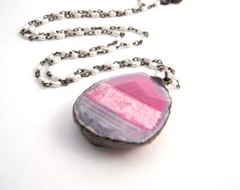 White Seed Pearl Pendant Necklace, Agate Pendant, Hot Pink, Grey, Black, Oxidized Sterling Silver, Modern Necklace