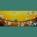 Original Modern Abstract Palette Knife Sunset LandscapeTree painting "Spring Blossom Blue Birds Dragonflies" by QIQIGALLERY
