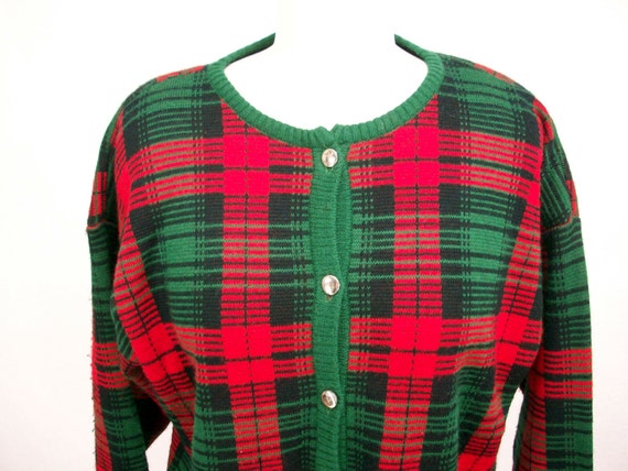 Vintage Plaid Sweater Christmas Button Down 1970's