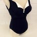 Vintage 80's One Piece Bathing Suit, Navy Blue with White Collar, Plunging Neckline, Sailorette, Size 12