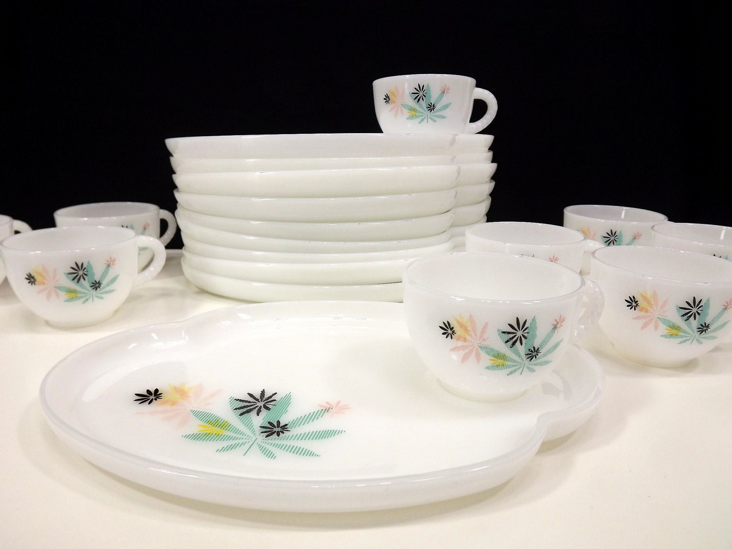 Vintage 50's Dinnerware Set Snack Set for 10 Milk Glass