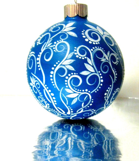 Small Blue and White Christmas Ornament Hand Painted Glass Ornament