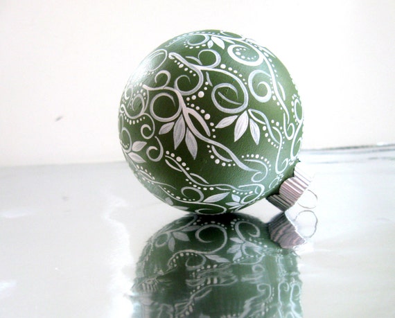 Small Glass Ornament: Green and White Swirls and Leaves Hand painted