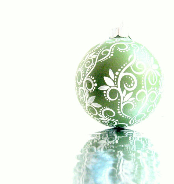 Medium Glass Ornament: Green and White Swirls and Leaves Hand painted