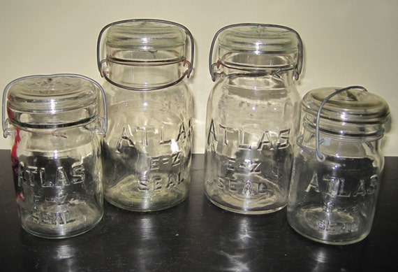 4 Vintage Atlas Wire Bail Canning Jars