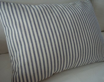 Beach Cottage Charcoal Grey Ticking/Feather and Down/Paris Apartment/ Shabby Chic/Blue Ticking Stripe Pillow
