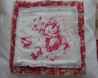 Cottage 20" Down Pillow PaRiS French ReD Toile Shabby Chic CaBBaGe RoSes Bedroom Nursery