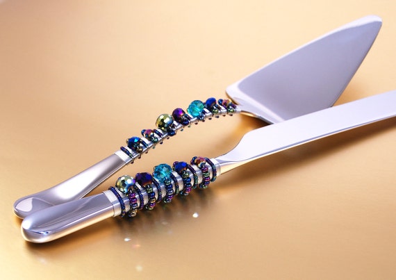  PEACOCK  Wedding  Cake  Server And Knife  Set  Hand Beaded In