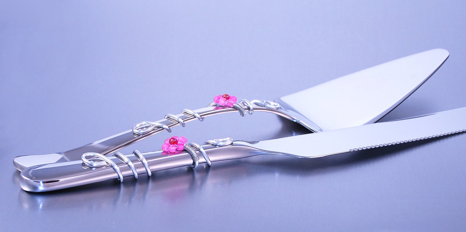 Wedding  Flower Cake  Server And Knife  Set  Silver Wire Wrapped