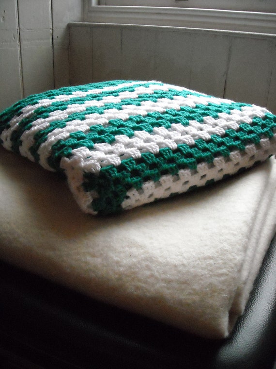 Crochet green and white striped blanket or throw