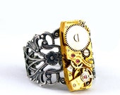 Steampunk Ring - GORGEOUS Gold tone Rectangular Clockwork Jewelry Design - PROMPTLY SHIPPED - SteampunkJewelry By London Particulars