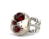 Steampunk Ring - GORGEOUS Vintage Clockwork Design & Red Swarovski Crystals - PROMPTLY SHIPPED - Steampunk Jewelry By London Particulars