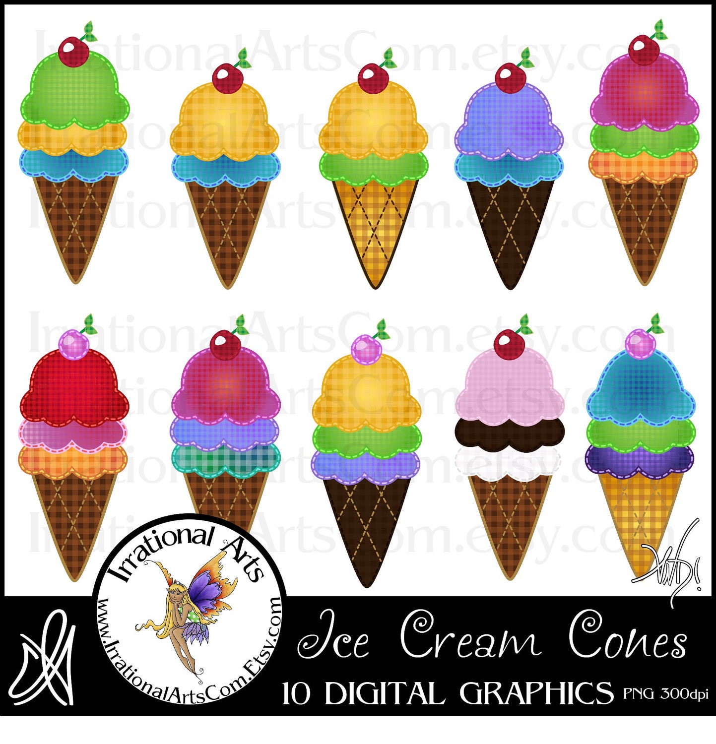 Ice Cream Cones set of 10 INSTANT DOWNLOAD Digital Graphics