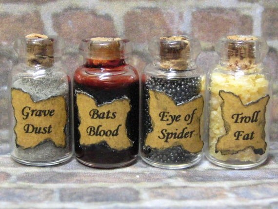 Halloween dollhouse miniature potion ingredient bottle set for