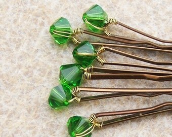 Fern Green Hair Pins Swarovski Crystal (wedding bobby pins - set of 6)
