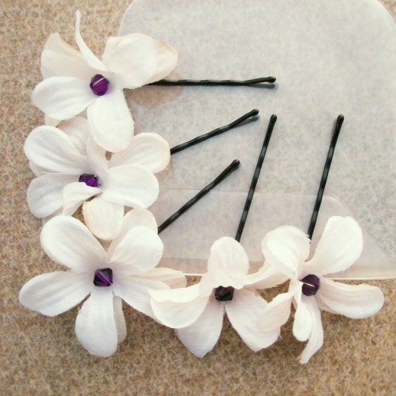 Items similar to Flower Bobby Pins with Purple crystal centers (wedding