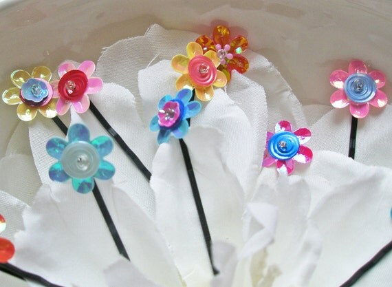 Sequin Flower Hair Pins Adorable set of 12 assorted colors
