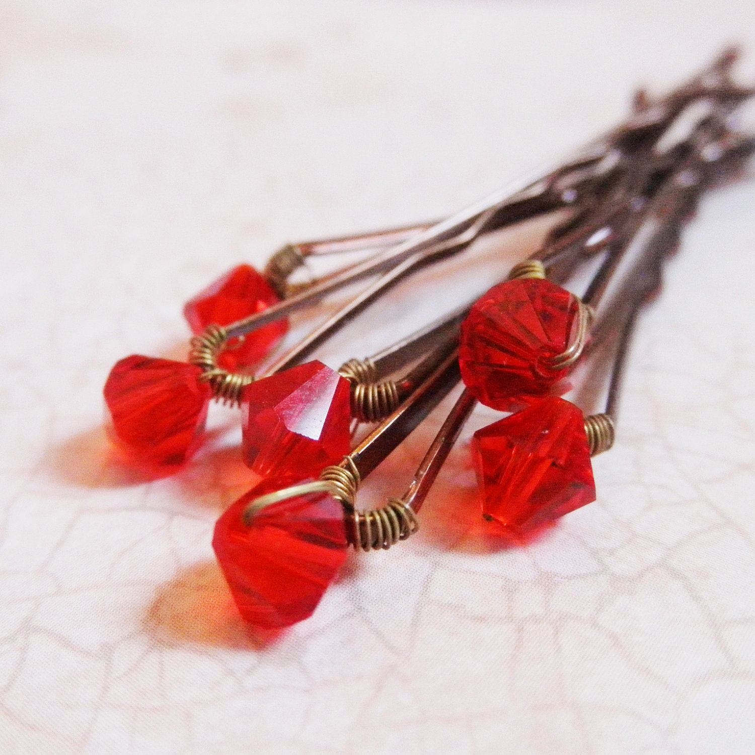 Bright Red Crystal Hair Pins wedding bobby pins set of 6