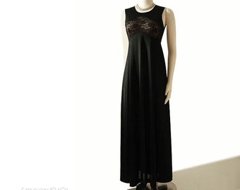 Vintage Donald Brooks Nightgown S - 1970s Black Lace Cut-out Bodice