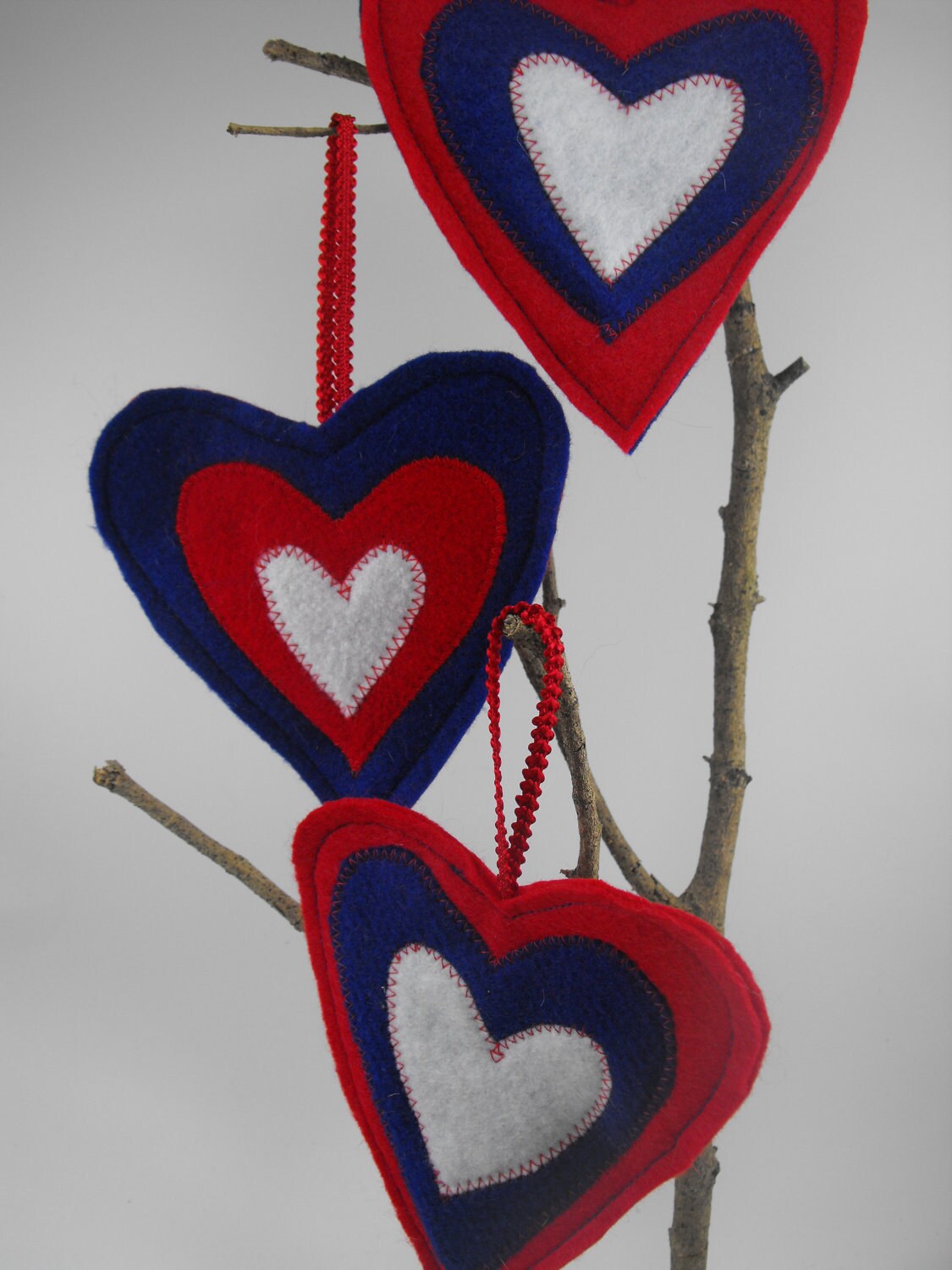 Heart Christmas Ornaments Red White Blue USA Set of 3 Patriotic