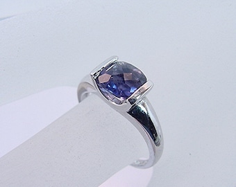 AAAA Blue Iolite 7x7mm 1.24 Carats Cushion Cut set in 14K white gold ring 0426 MMMM