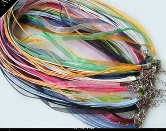 10 Organza Ribbon Necklace-Use With Bottle Cap Pendnats-1" Pendant Setting-Pick Your Own Colours or Mix - Ribbon Cords with Extension Chains
