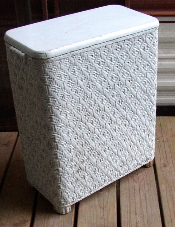 Vintage CLOTHES HAMPER Wicker and Wood pale by