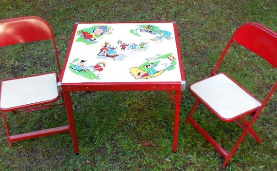 Vintage CHILDRENS TABLE CHAIRS Nursery Rhymes Red Metal 21