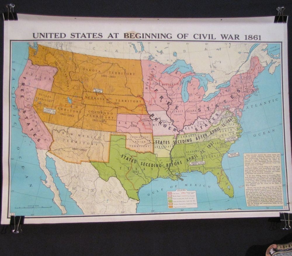 Us Wall Map Vintage War of 1812 Civil War Double Sided 4 Color