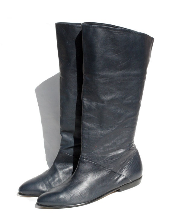 navy blue leather wide calf boots